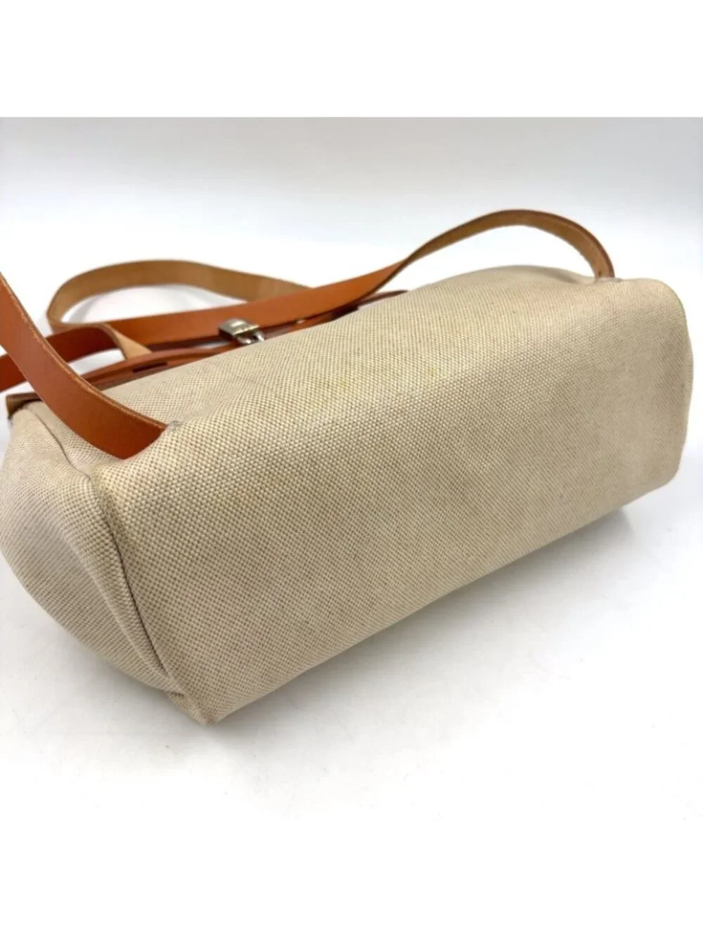 Hermes Herbag a Dos PM Handbag Leather Canvas Beige Light Brown Backpack Silver